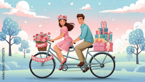 Couple riding tandem bicycle with gifts and flowers on a romantic date in a park at sunset
