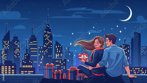 Romantic couple sitting on rooftop with gifts and heart shaped balloon at night