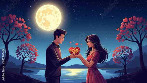 Romantic couple sharing heart under moonlight by serene lake with pink trees