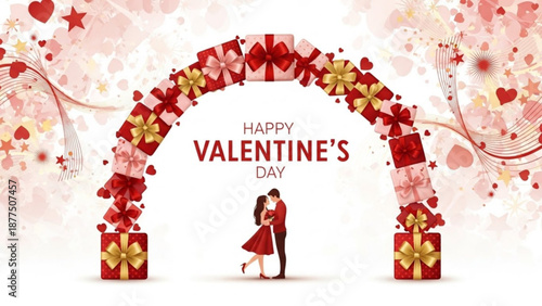 Romantic valentine's day archway with loving couple and gift boxes red and gold decorations
