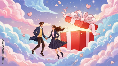 Romantic couple jumping on clouds with a giant gift box hearts and stars around them whimsical dreamy scene