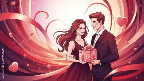 Romantic valentine's day couple with gift and hearts elegant illustration for love and relationship concepts