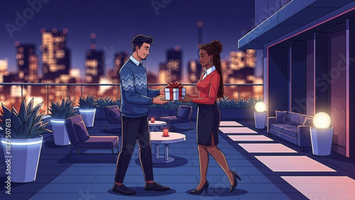 Couple enjoying drinks on rooftop patio at night with city skyline view romantic evening atmosphere