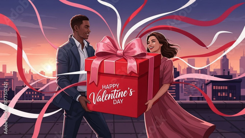 Couple celebrating valentine's day with a large gift on a city rooftop
