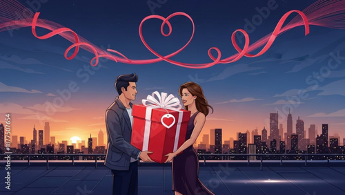 Loving couple exchanging gift with heart on city skyline background at sunset