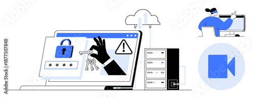 Cybersecurity, online privacy, server management, data access, remote work, technology visualization. A laptop with a lock, keys warning alert and cloud server. Cybersecurity and online privacy