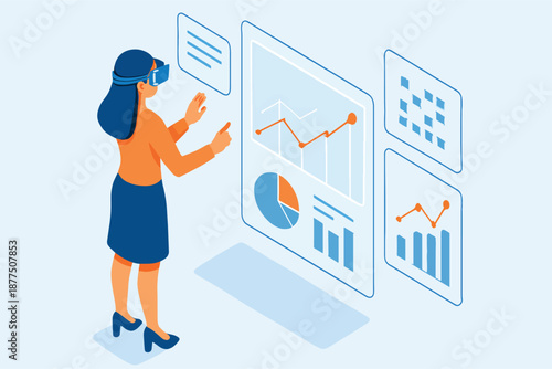 A businesswoman wearing a VR headset interacts with futuristic data dashboards showing charts and graphs, symbolizing innovation, analytics, digital visualization, and modern technology in business.
