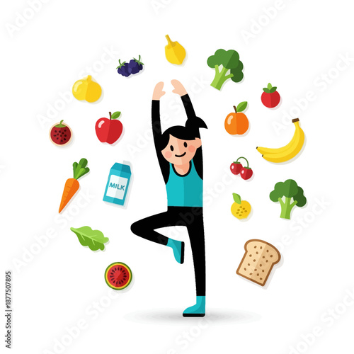 Healthy Lifestyle: Woman Doing Yoga Surrounded by Fresh Fruits and Vegetables
