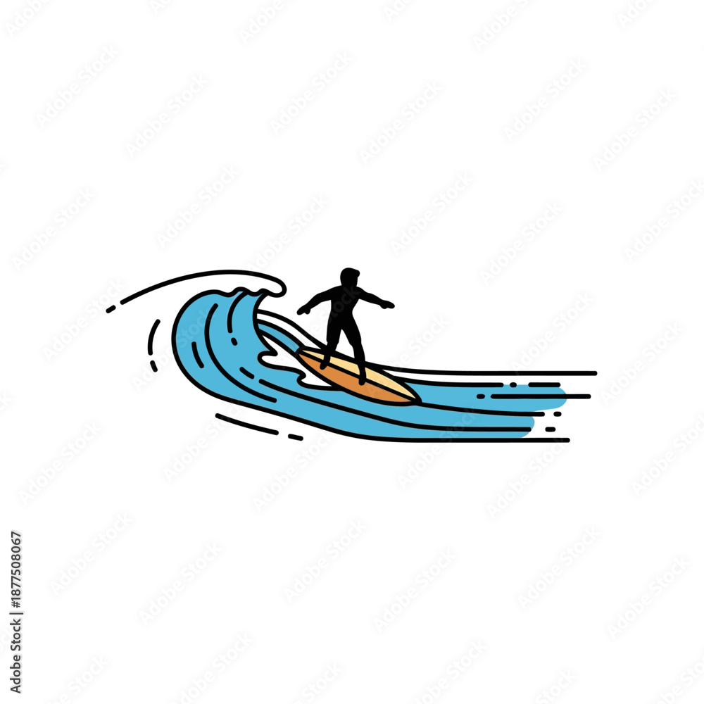 Fototapeta premium Surfer riding a stylized wave, minimalist line art, vector illustration, ocean sport