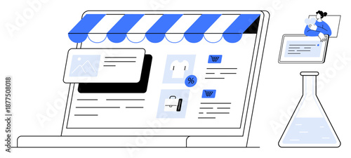 E-commerce concept. E-commerce interface online storefront, digital shopping features, and experimental data analysis. E-commerce transforms shopping and digital marketing. Perfect for retail