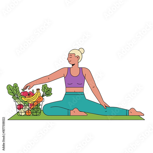 Woman doing yoga next to a basket of fresh organic fruits and vegetables