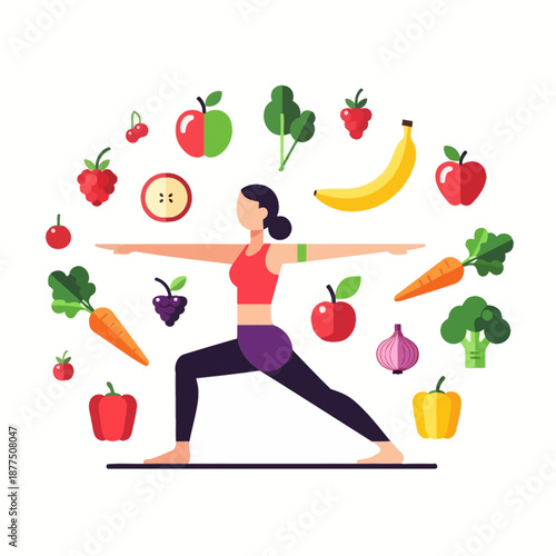 Woman practicing warrior yoga pose surrounded by fresh fruits and vegetables, healthy lifestyle concept