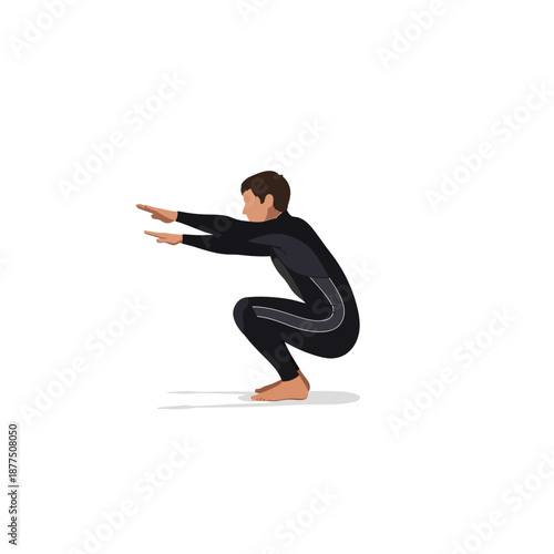 Man in Wetsuit Performing Squat Exercise on White Background
