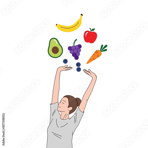 Healthy Eating Concept: Woman Juggling Fresh Fruits and Vegetables