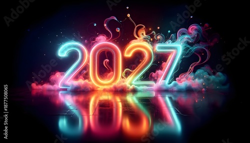 Neon lights 2027 future technology abstract number lighting art background style design. AI Generated, Generative AI