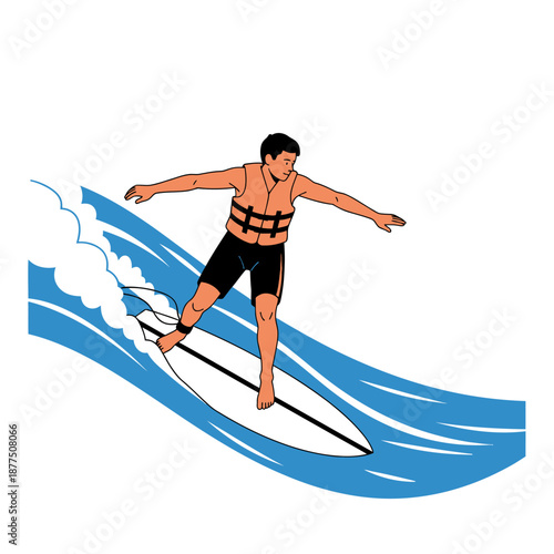 Man Surfing on White Board in Blue Water Wave, Wearing Orange Life Vest