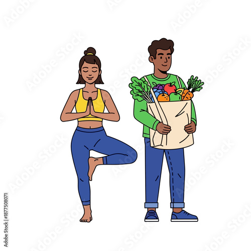 Healthy Lifestyle: Woman Yoga Tree Pose, Man Holding Bag of Fresh Produce