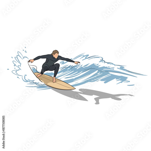 Surfer Riding Wave on Surfboard, Action Sport Illustration, Dynamic Ocean Motion