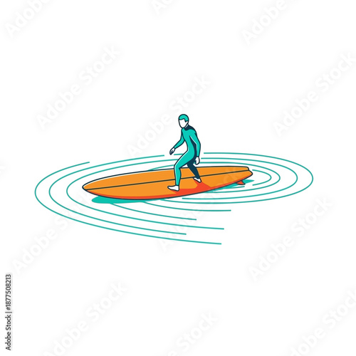 Surfer in wetsuit riding orange surfboard on water ripples, minimalist vector illustration