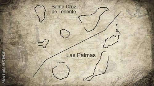 Canarias - Santa Cruz de Tenerife and Las Palmas map drawn on a cartography background sheet of paper