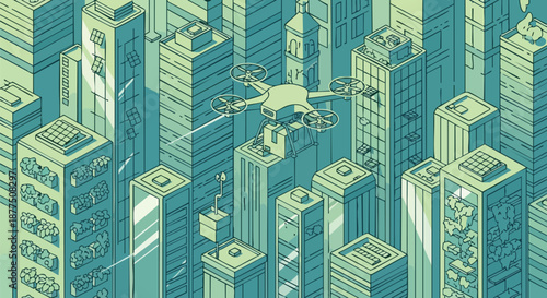 Isometric illustration of a smart city with a drone flying among towering skyscrapers, symbolizing urban technology, future delivery, and modern city life.