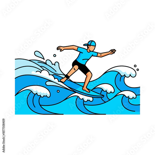 Surfer Riding Blue Wave, Dynamic Ocean Sport, Summer Fun Illustration
