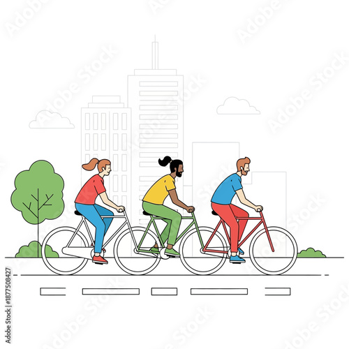 Diverse group of people cycling together on city street with buildings background