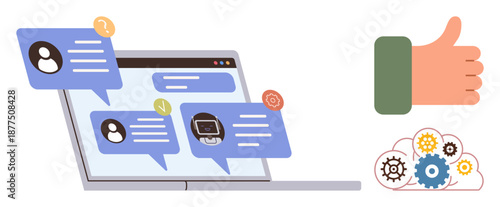 Online communication, teamwork, chat systems, workflow management, user interaction, digital tools. Laptop screen with chat bubbles, thumbs up gear cloud. Online communication and teamwork concept