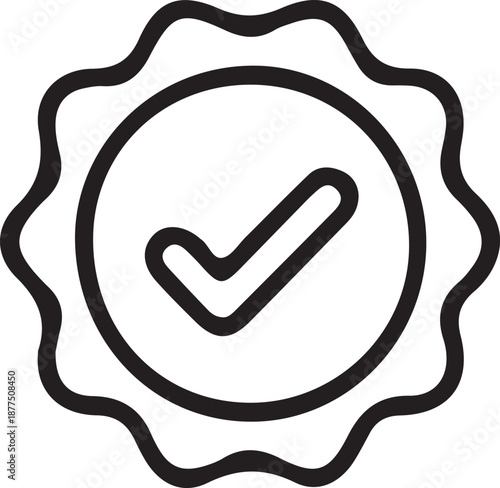 Circular badge with wavy border and check mark inside representing quality assurance certification and approval with validation stamp on transparent checkered background