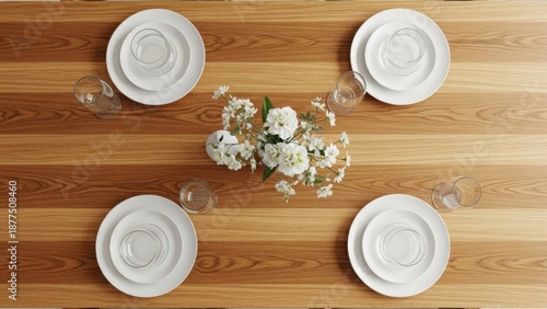 Top view of wooden table with coffee cups and plates