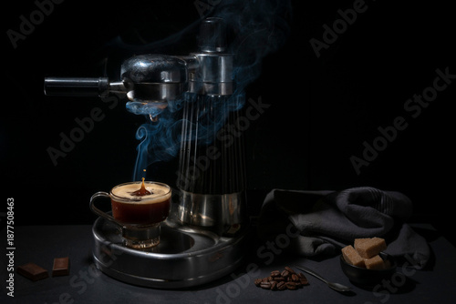 Canvastavla Machine à expresso vintage et tasse de café fumant et odorant dans laquelle une