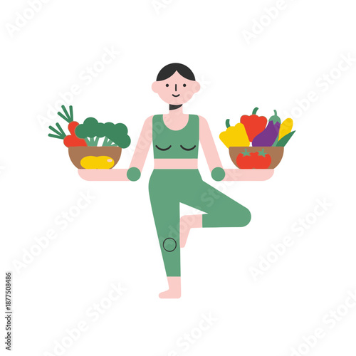 Woman Balancing Yoga Pose with Healthy Vegetables and Fruits