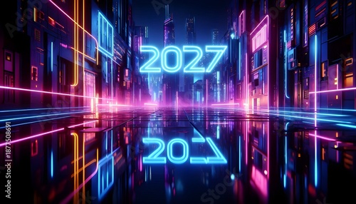Vibrant cyberpunk city street with neon 2027 text and reflections for futuristic event backgrounds. AI Generated, Generative AI