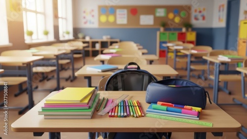Empty Classroom with Desks and Chairs
