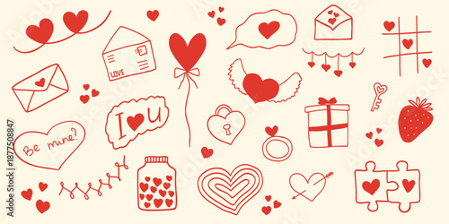 Coquette girly bows, hearts, ribbons, cherry, cake, heart, strawberry. Set of hand drawn whimsical elements for Valentines day, wedding invitation, birthday card. Vintage elegant vector illustration.