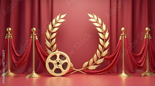 A golden movie film reel rests beneath a large laurel wreath, flanked by elegant red velvet curtains and gold stanchions on a professional, 3D-rendered awards stage