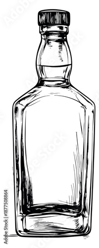 Hand drawn line art illustration of an empty liquor bottle depicting a classic shape for beverage and bar concepts