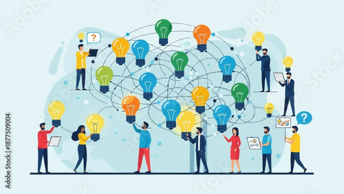 People sharing ideas and innovation with colorful light bulbs and connections