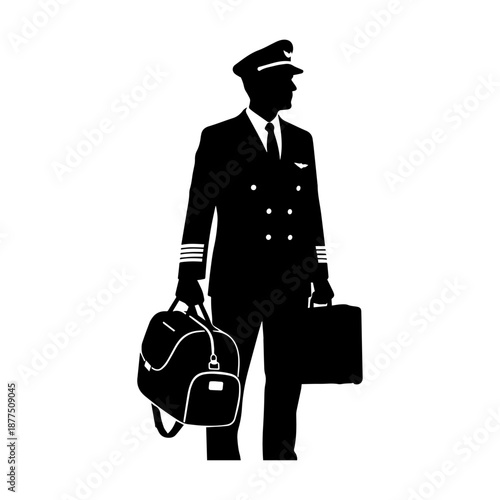 Professional Airline Pilot Walking with Luggage in Uniform Silhouette.