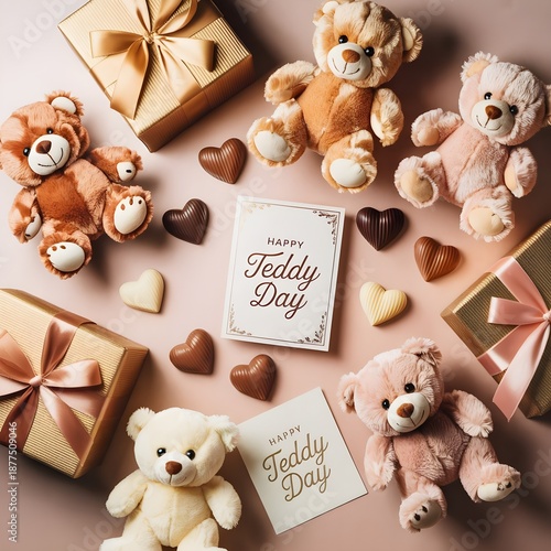 a flat lay photograph showcasing an arrangement of teddy bears, gift boxes, greeting cards and heart shaped chocolate on a pink surface