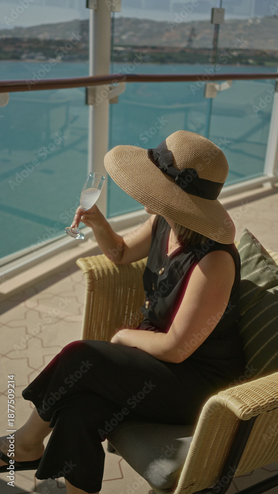 Fototapeta premium Woman wearing widebrim hat holds a wine glass on a building terrace, seated in wicker chair by glass rail overlooking sea; relaxation.