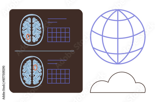 Neuroscience, mental health, global data, connectivity, cloud computing, medical diagnostics. Two brain scan images, a globe and a cloud icon. Neuroscience and global data concept