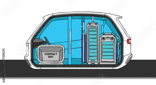 Cutaway illustration of a futuristic electric car interior with modular storage and compact bay for cargo or passengers