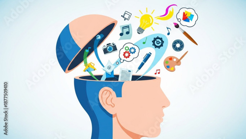 Creative thinking concept with human head filled with colorful icons and symbols representing ideas and imagination
