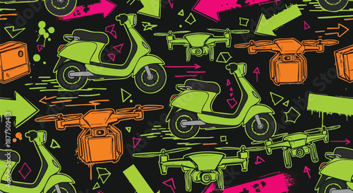Vibrant Seamless Pattern of Scooters, Drones, and Delivery Boxes with Neon Arrows on Black Background