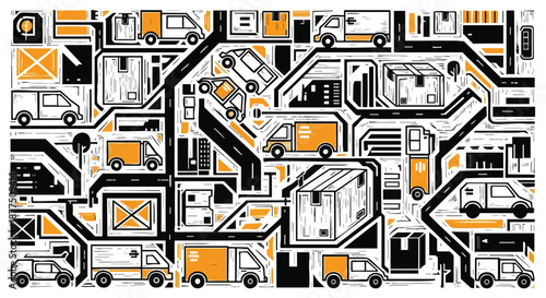 Abstract illustration of a logistics network with delivery vans, boxes, and roads in a stylized, modern design.
