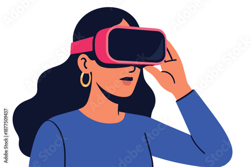 Stylish illustration of a woman in a blue top wearing a pink VR headset, exploring an immersive digital world with bold colors, modern design, futuristic learning, innovation, and curiosity.