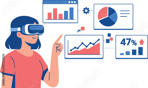 A businesswoman wearing a VR headset interacts with futuristic data dashboards and charts, highlighting immersive analytics, big data visualization, AI insights, and digital workspace innovation.