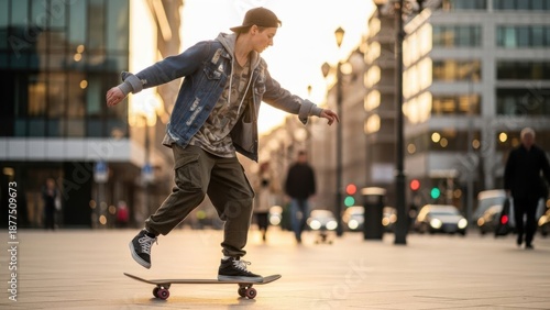 Young man jumping in modern city street