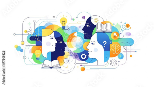Creative minds thinking brainstorming and learning together in a colorful conceptual illustration with lightbulbs gears and books